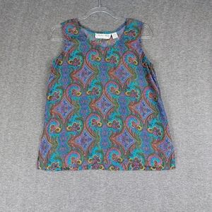 CASUAL CORNER WOMEN VTG BLUE MULTICOLORED PAISLEY 100% SILK TANK TOP SIZE MEDIUM